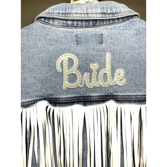 NewW tags BRIDE Denim L Jean Jacket fringe bachelorette party wedding honeymoon - Picture 2 of 14